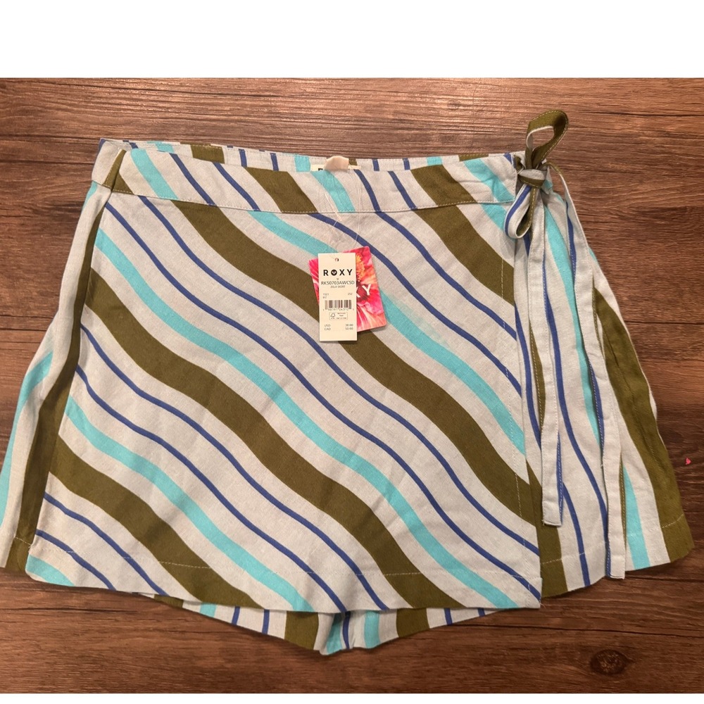 Roxy Zola Skort Womens Medium Blue Green Striped Wrap Front Side Tie